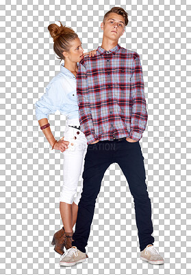 Buy stock photo Fashion, couple and pose in vintage clothing, love and cool or trendy, retro and bonding in hug. Man and woman, face and stylish or edgy by hipster, casual and isolated on transparent png background