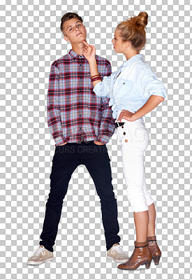 Buy stock photo Fashion, couple and posing in portrait, love and cool or trendy, vintage and retro clothing. Man and woman, attitude and stylish or edgy by hipster, casual and isolated on transparent png background