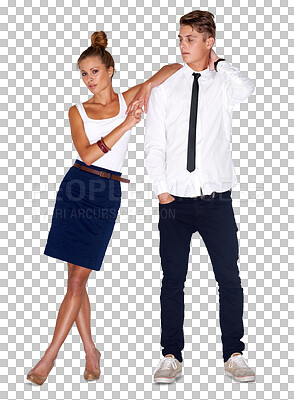 Buy stock photo Fashion, couple and pose or serious, together and cool or trendy, vintage and retro clothing. Man and woman, attitude and stylish or edgy by hipster, casual and isolated on transparent png background