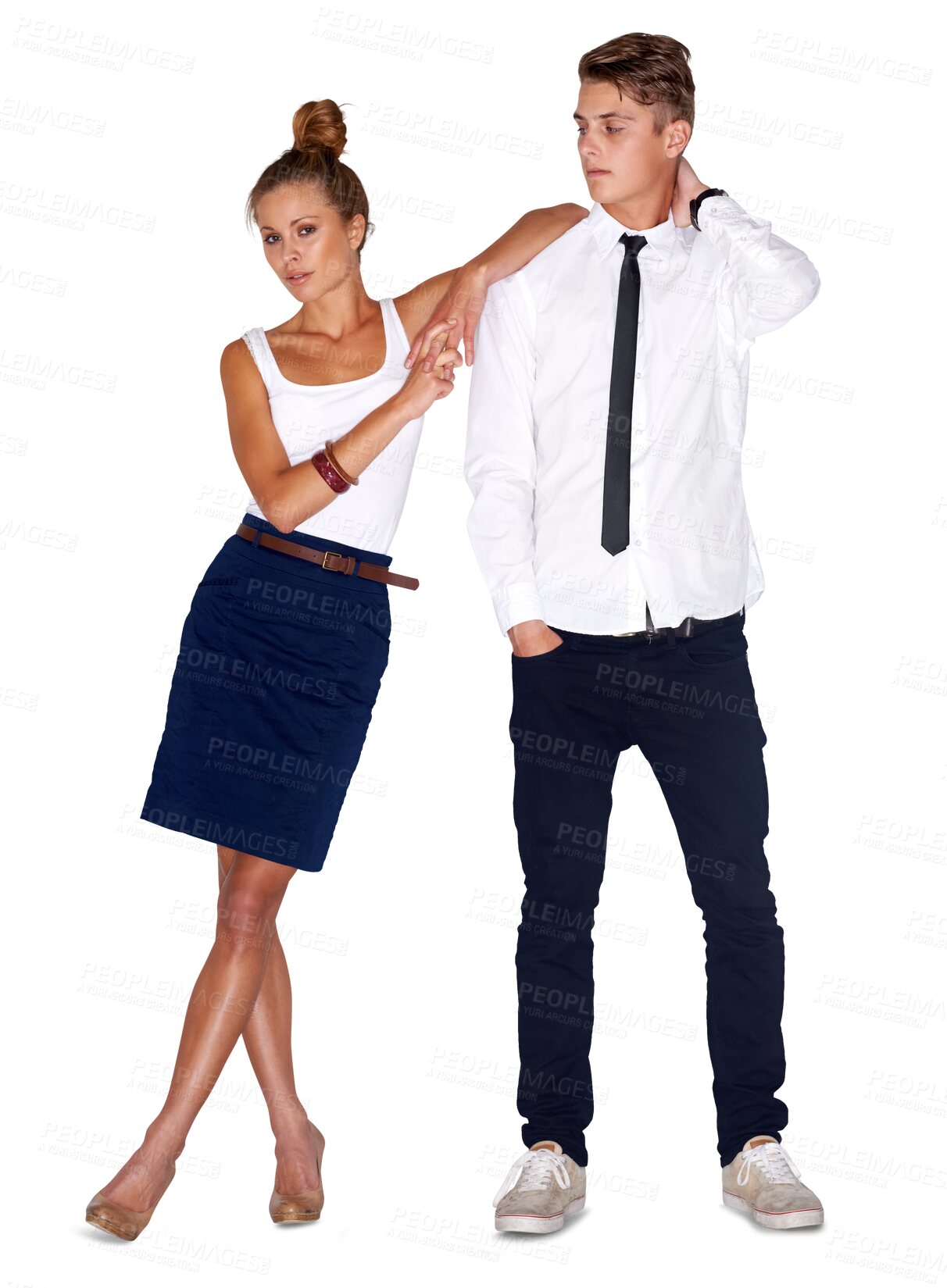 Buy stock photo Fashion, couple and pose or serious, together and cool or trendy, vintage and retro clothing. Man and woman, attitude and stylish or edgy by hipster, casual and isolated on transparent png background