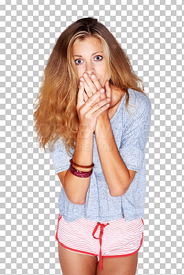 Buy stock photo Wow portrait, shock face or woman with announcement of gossip, fake news or secret for scared or fear. Fashion model, hand or mouth in omg, emoji expression or isolated on transparent png background