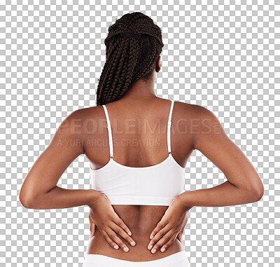 Back, hands and body black woman in underwear isolated on a white background in studio. Beauty, skincare or African model in lingerie for wellness, health or natural with slim aesthetic for self love