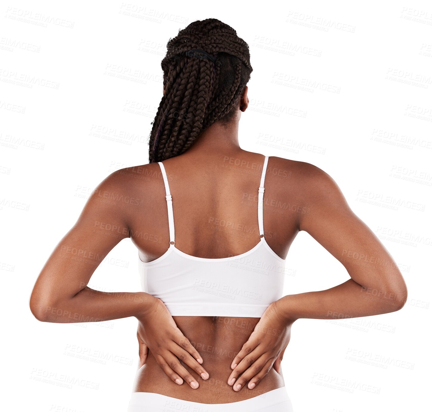 Buy stock photo Back pain, hands and body of black woman in underwear isolated on a transparent png background. Spine problem, injury and African model in lingerie with arthritis, muscle fibromyalgia or osteoporosis