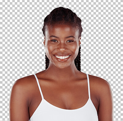 Buy stock photo Beauty, wellness and smile for portrait of black woman for skincare with cosmetics or dermatology. Model, happy face or makeup or foundation, natural glow or isolated on transparent png background 