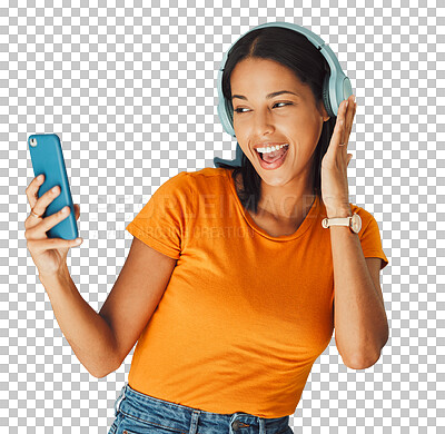 Buy stock photo Selfie, headphones and streaming podcast or music on phone or mobile app isolated on transparent png background. Fun, sound and female enjoying and listening to radio or audio smiling and happy