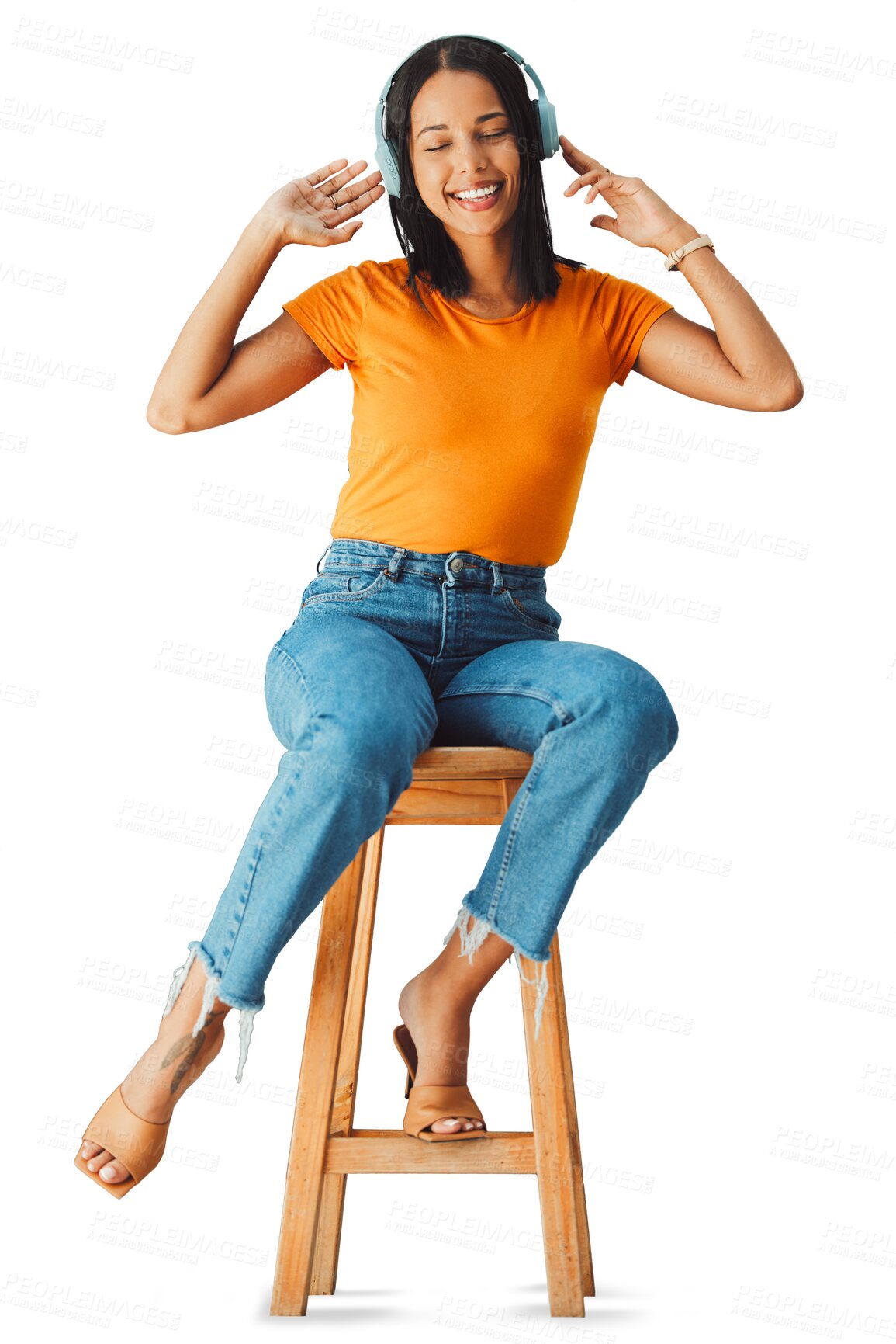 Buy stock photo Isolated woman, headphones and music on chair, smile and listening to relax by transparent png background. Girl, happy and sitting for audio streaming subscription with sound, hearing or radio show