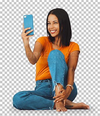 Black woman, floor and home with smile for selfie fashion clothes or relax with beauty by wall background. Gen z girl, smartphone and happy in house with feet, jeans or face photo for profile picture