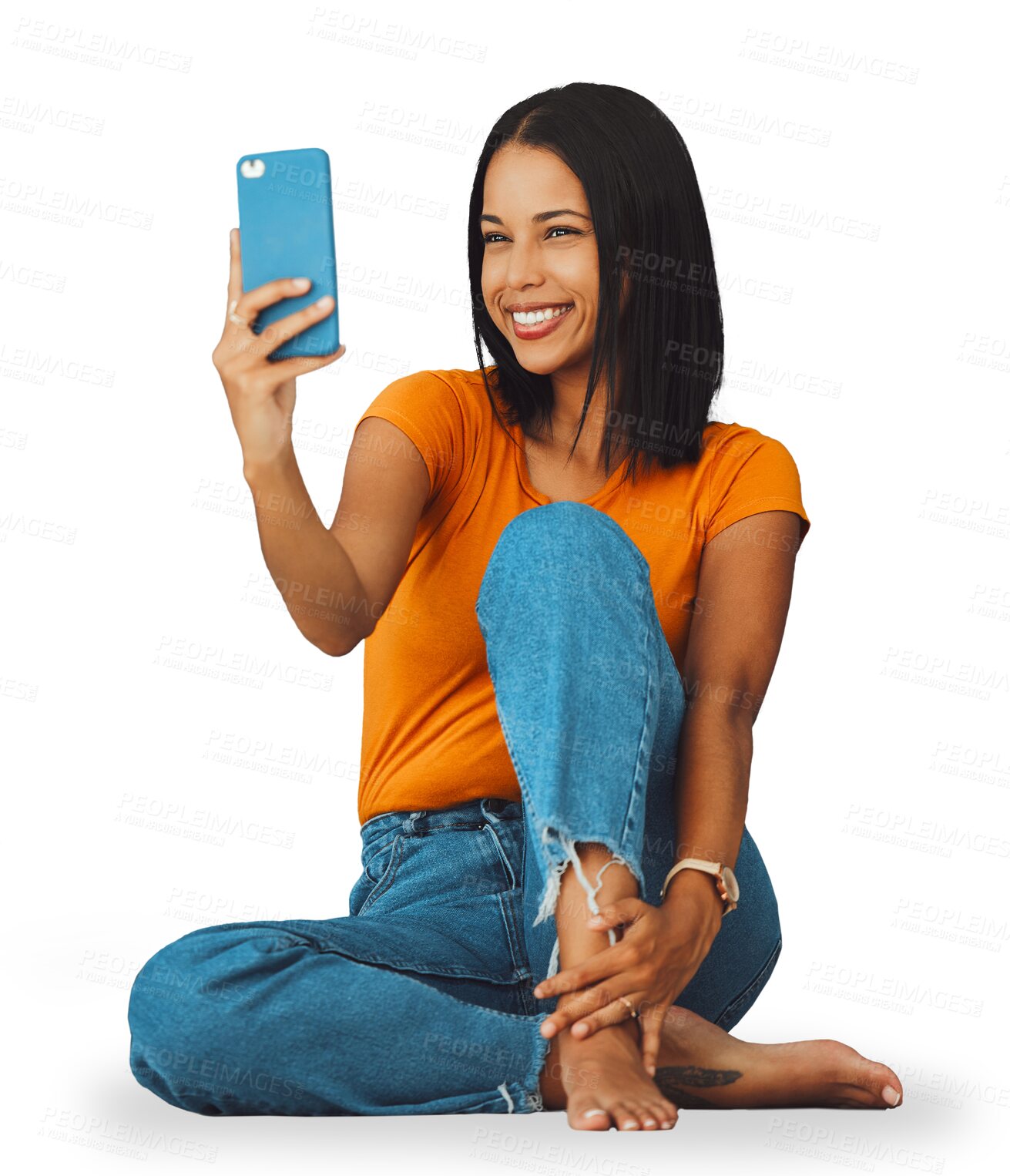 Buy stock photo Isolated woman, selfie and sitting with smile, fashion and post on web blog by transparent png background. Influencer girl, photography or live streaming for memory, profile picture or social media