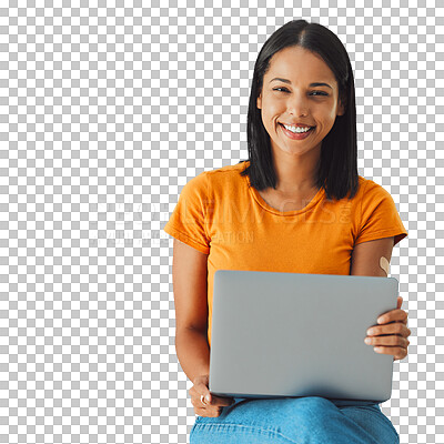 Laptop, woman and smile in portrait with mockup space, communication and technology isolated on studio background. Email, blog and copywriting with writer, happy person and connectivity with website
