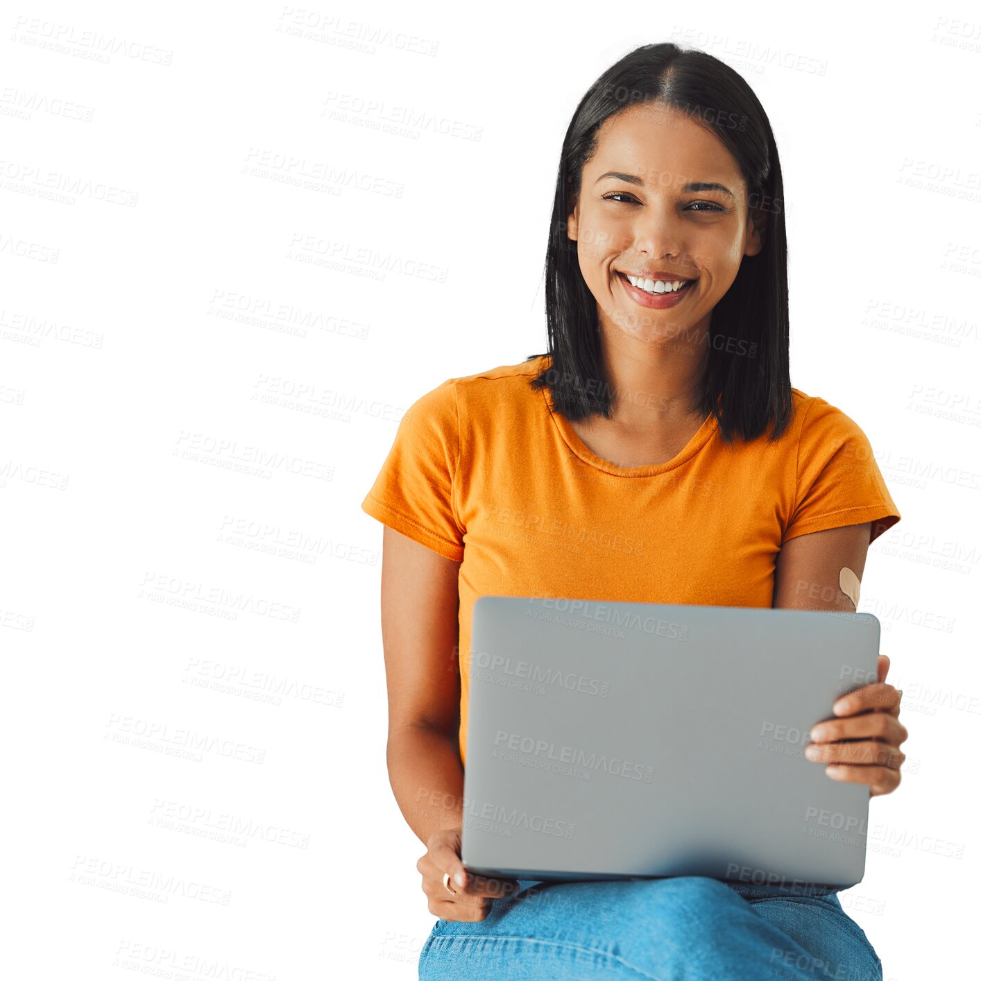 Buy stock photo Happy woman, laptop and portrait for online research, creative planning and education or e learning. Student on computer for information or college registration isolated on transparent png background