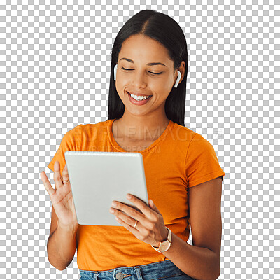 Woman, tablet and listening to music online while streaming and happy on a studio background. Smile of a young gen z person with mobile app for podcast, radio or audio with network internet to relax
