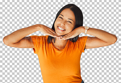 Buy stock photo Happy, smile and hands on face with woman on transparent, isolated or png background. Fashion, model or portrait with happiness in t-shirt with casual clothes, style and college student relax 