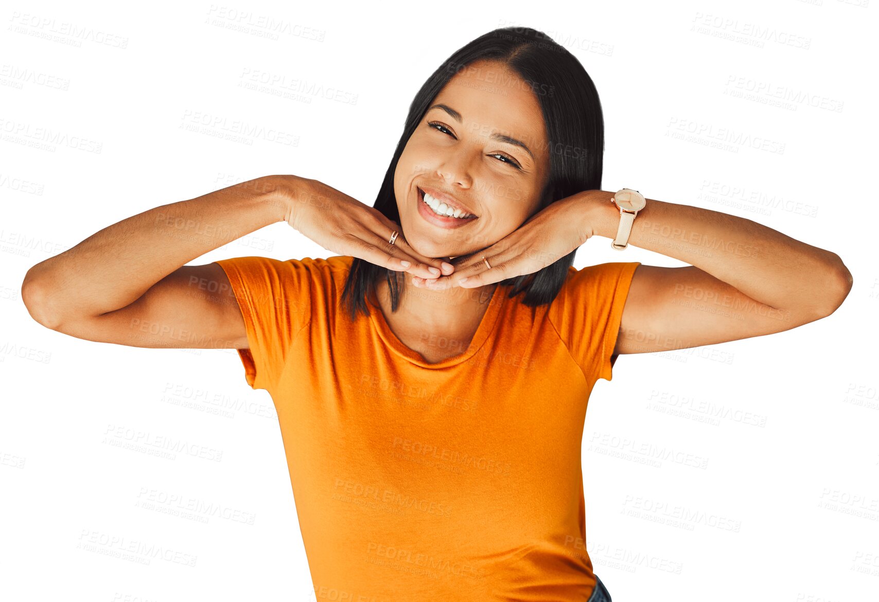 Buy stock photo Happy, smile and hands on face with woman on transparent, isolated or png background. Fashion, model or portrait with happiness in t-shirt with casual clothes, style and college student relax 