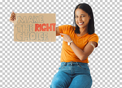 Buy stock photo Isolated woman, protest sign and vaccine in portrait with plaster, point or choice by transparent png background. Girl, cardboard poster or happy for medical decision to stop virus, voice and health