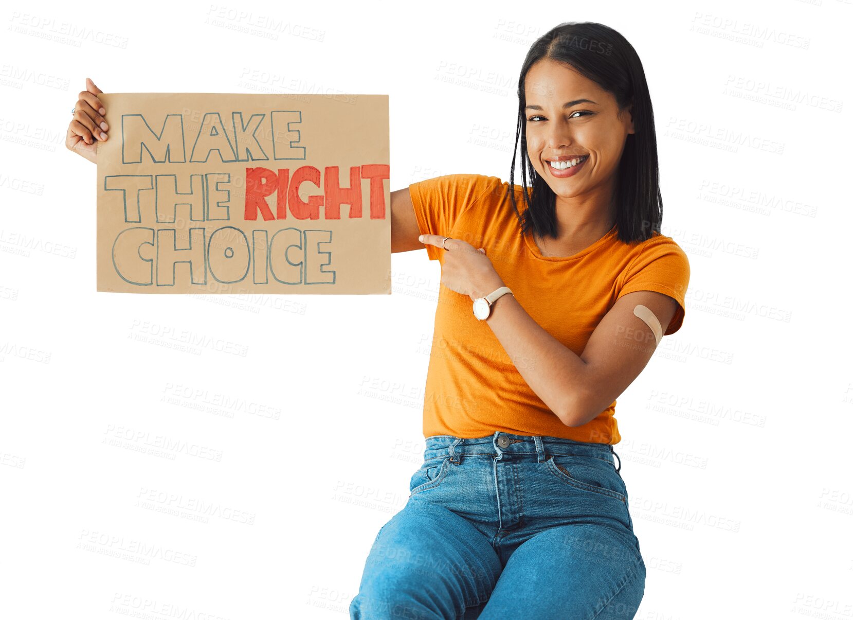 Buy stock photo Isolated woman, protest sign and vaccine in portrait with plaster, point or choice by transparent png background. Girl, cardboard poster or happy for medical decision to stop virus, voice and health