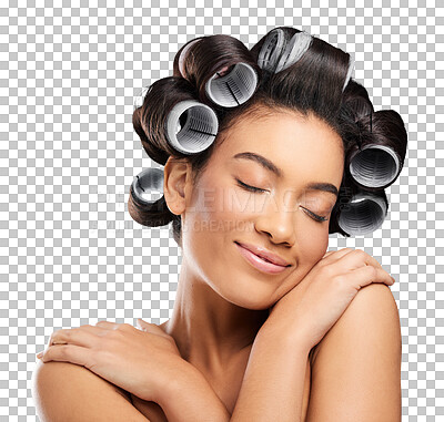 Buy stock photo Hair roller, beauty and woman with self love on isolated, png and transparent background for beauty. Haircare, hairdresser and face of person with curler for hairstyle, healthy texture and cosmetics