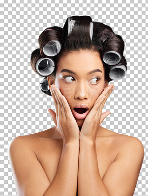 Buy stock photo Hair roller, surprise and face of woman on isolated, png and transparent background for beauty. Wow, omg and shocked person with hairdresser curlers for hairstyle, healthy texture and cosmetics