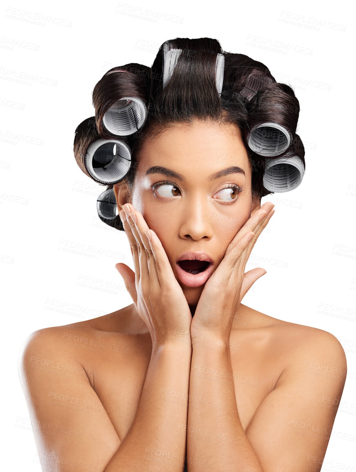 Buy stock photo Hair roller, surprise and face of woman on isolated, png and transparent background for beauty. Wow, omg and shocked person with hairdresser curlers for hairstyle, healthy texture and cosmetics