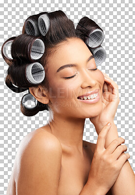 Buy stock photo Hair roller, beauty and face of woman on isolated, png and transparent background for salon. Haircare, hairdresser and happy person smile with curler for hairstyle, healthy texture and cosmetics