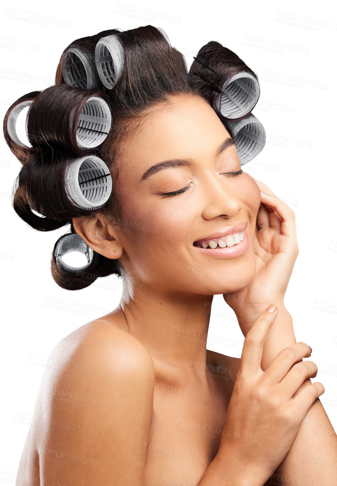 Buy stock photo Hair roller, beauty and face of woman on isolated, png and transparent background for salon. Haircare, hairdresser and happy person smile with curler for hairstyle, healthy texture and cosmetics