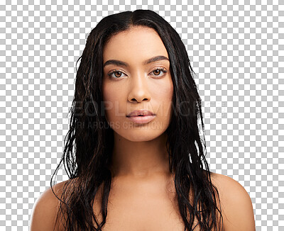 Buy stock photo Hair, portrait and woman with beauty, cosmetics or shampoo results on isolated, transparent and png background. Haircare, face and female model with treatment, texture or growth check after shower