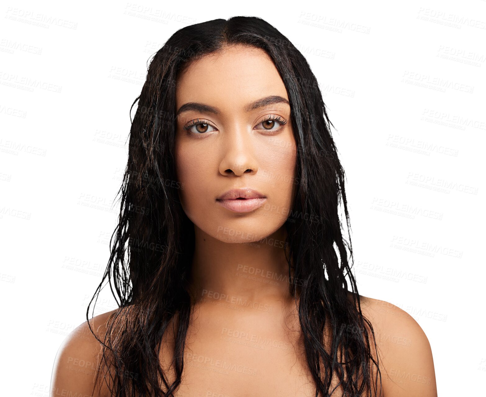 Buy stock photo Hair, portrait and woman with beauty, cosmetics or shampoo results on isolated, transparent and png background. Haircare, face and female model with treatment, texture or growth check after shower