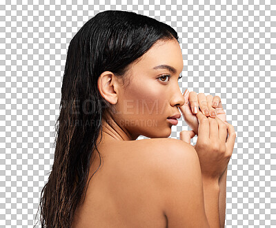 Buy stock photo Profile, woman and skincare with glow, shine and dermatology isolated on a transparent background. Person, girl and model with grooming routine, treatment and smooth with cosmetics, png and aesthetic