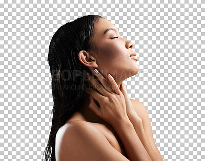 Buy stock photo Woman, skincare and glow for dermatology, makeup and self care isolated on transparent png background. Young model or person with her eyes closed for beauty, smooth skin and cosmetics benefits