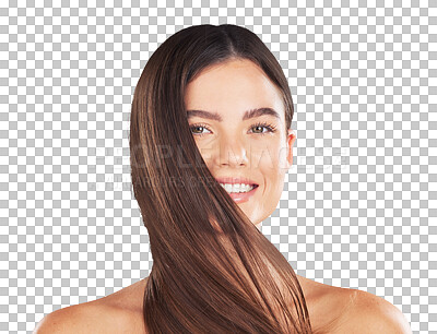 Buy stock photo Happy woman, beauty and face with straight hair, health and care isolated on transparent png background. Natural hairstyle, portrait and keratin cosmetics in salon treatment, hairdresser or wellness