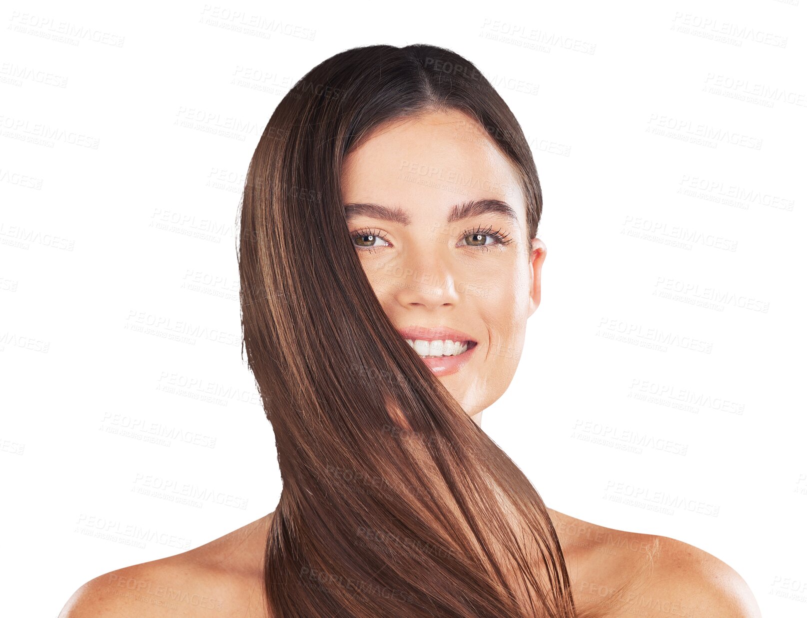 Buy stock photo Happy woman, beauty and face with straight hair, health and care isolated on transparent png background. Natural hairstyle, portrait and keratin cosmetics in salon treatment, hairdresser or wellness