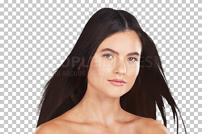 Woman, beauty and hair for studio portrait with wind, growth and healthy shine on blue background. Aesthetic female model face for skincare, self care and haircare cosmetics for salon or hairdresser