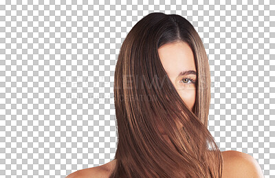 Buy stock photo Woman, beauty and face with straight hair, health and care isolated on a transparent png background. Natural hairstyle, portrait and keratin cosmetics in salon treatment, hairdresser and wellness