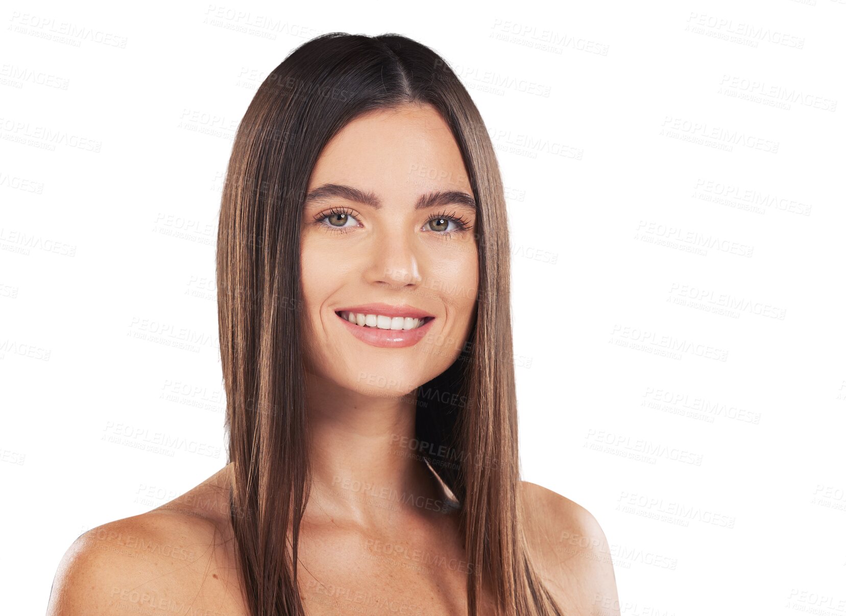 Buy stock photo Happy woman, beauty and portrait with straight hair, health and care isolated on transparent png background. Natural face, hairstyle or keratin cosmetics in salon treatment, hairdresser or wellness