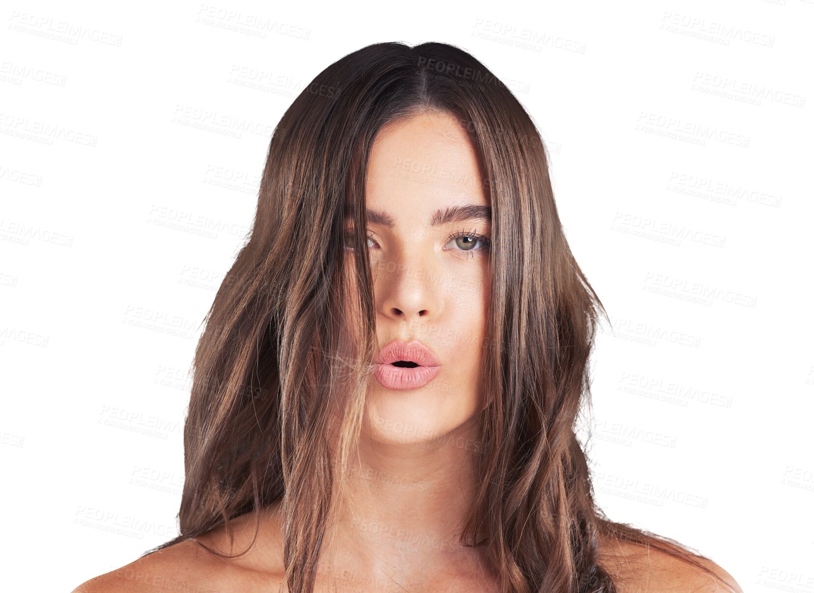 Buy stock photo Beauty, hair and portrait of woman with pout on isolated, png and transparent background for growth. Haircare, hairdresser and face of person with curl hairstyle for texture, shine and cosmetics