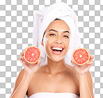 Grapefruit, skincare and portrait of woman in studio for beauty,