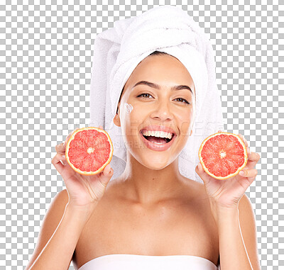 Grapefruit, skincare and portrait of woman in studio for beauty,