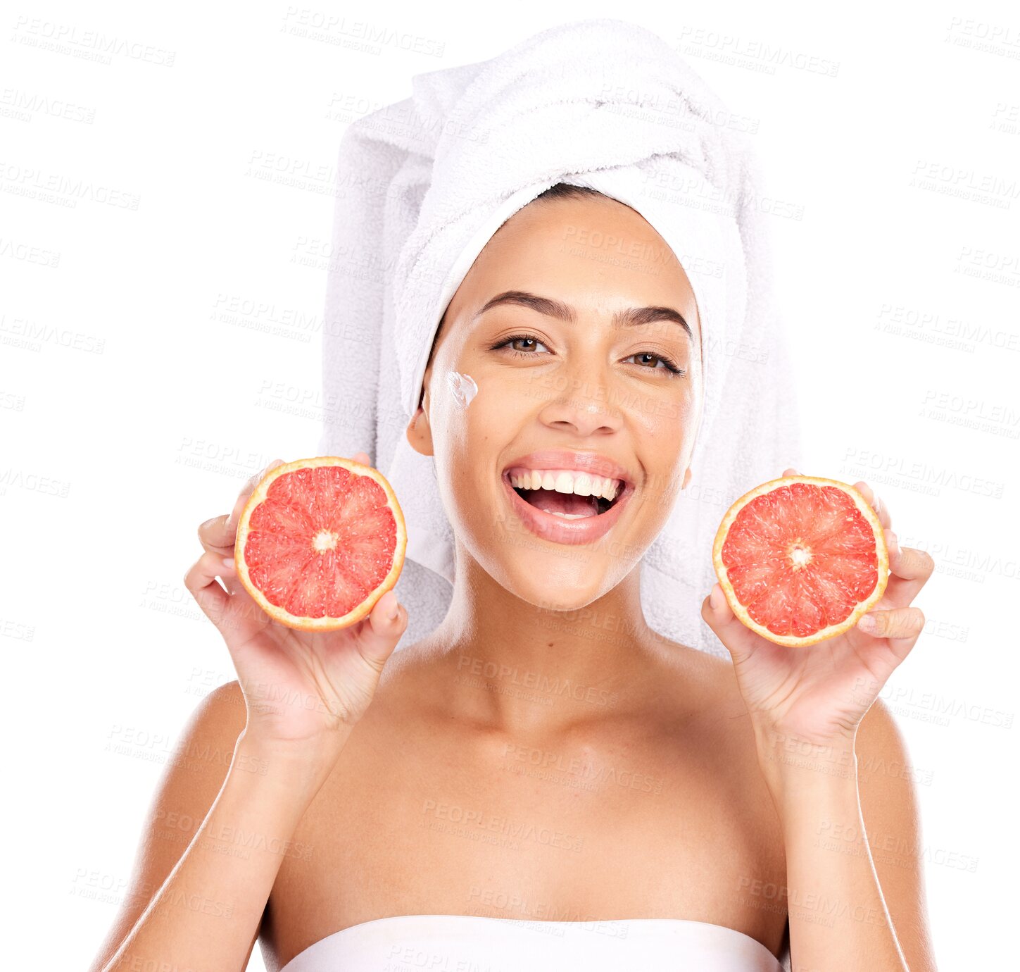 Buy stock photo Grapefruit, skincare and portrait of excited woman, beauty or cosmetics, organic vitamin c or cream isolated on transparent png background. Healthy food, natural fruits and face of person in bathroom