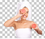 Woman, face skincare or grapefruit in grooming routine, healthca