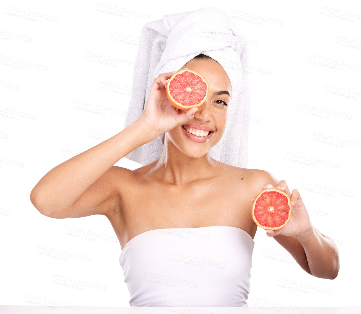 Buy stock photo Grapefruit, skincare and portrait of happy woman, beauty or cosmetics, organic vitamin c or diet isolated on a transparent png background. Healthy food, natural fruits and face of person in bathroom