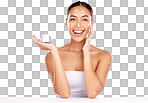 Skincare, cream and portrait of woman in studio for cosmetics gl