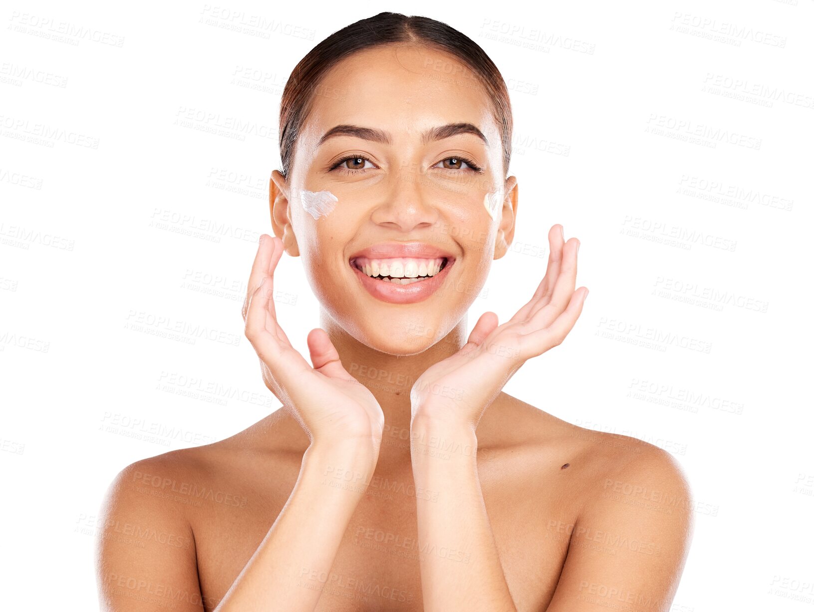 Buy stock photo Beauty woman, portrait smile and cream for collagen glow, anti aging or facial melasma treatment, acne protection or wellness. Spa salon face, hydration creme and girl on transparent, png background
