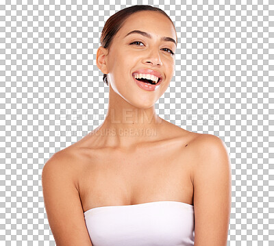 Buy stock photo Portrait, skincare and happy woman with beauty, makeup or results on isolated, transparent or png background. Glowing skin, smile and face of wellness model with dermatology treatment satisfaction