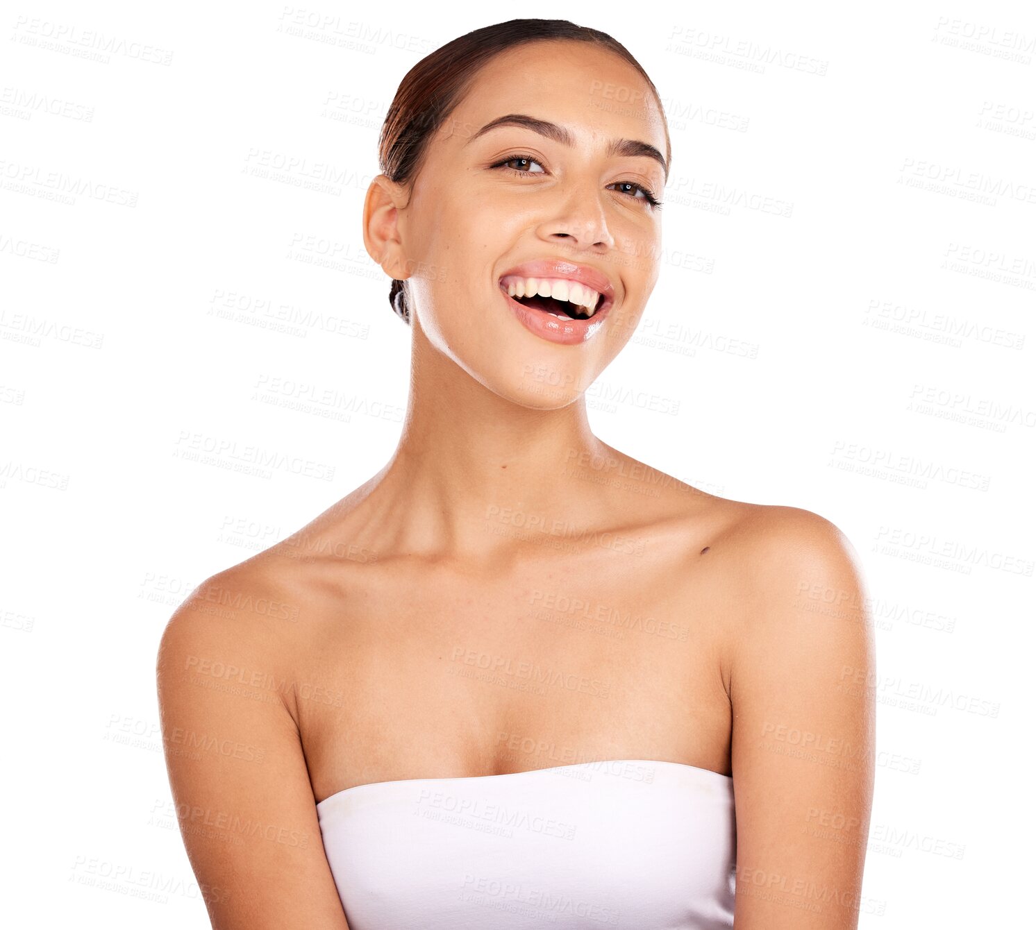 Buy stock photo Portrait, skincare and happy woman with beauty, makeup or results on isolated, transparent or png background. Glowing skin, smile and face of wellness model with dermatology treatment satisfaction