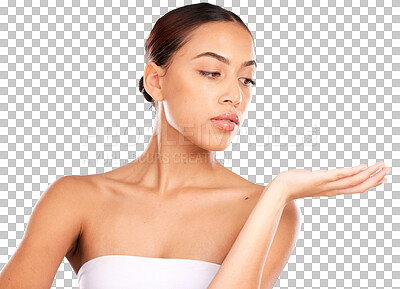 Buy stock photo Skincare, woman and hand holding gesture on isolated, transparent or png background. Beauty, cosmetics and female model show or advertising for wellness, glowing skin treatment or dermatology