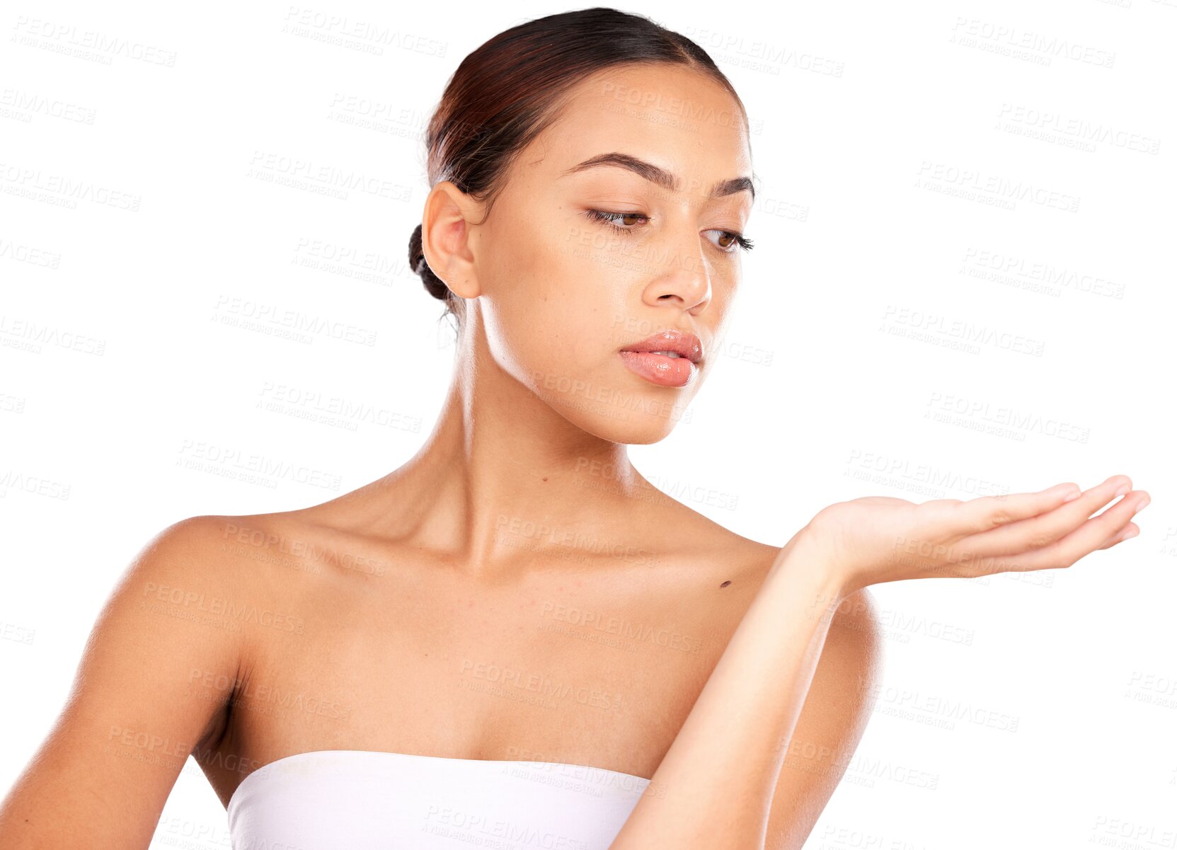 Buy stock photo Skincare, woman and hand holding gesture on isolated, transparent or png background. Beauty, cosmetics and female model show or advertising for wellness, glowing skin treatment or dermatology