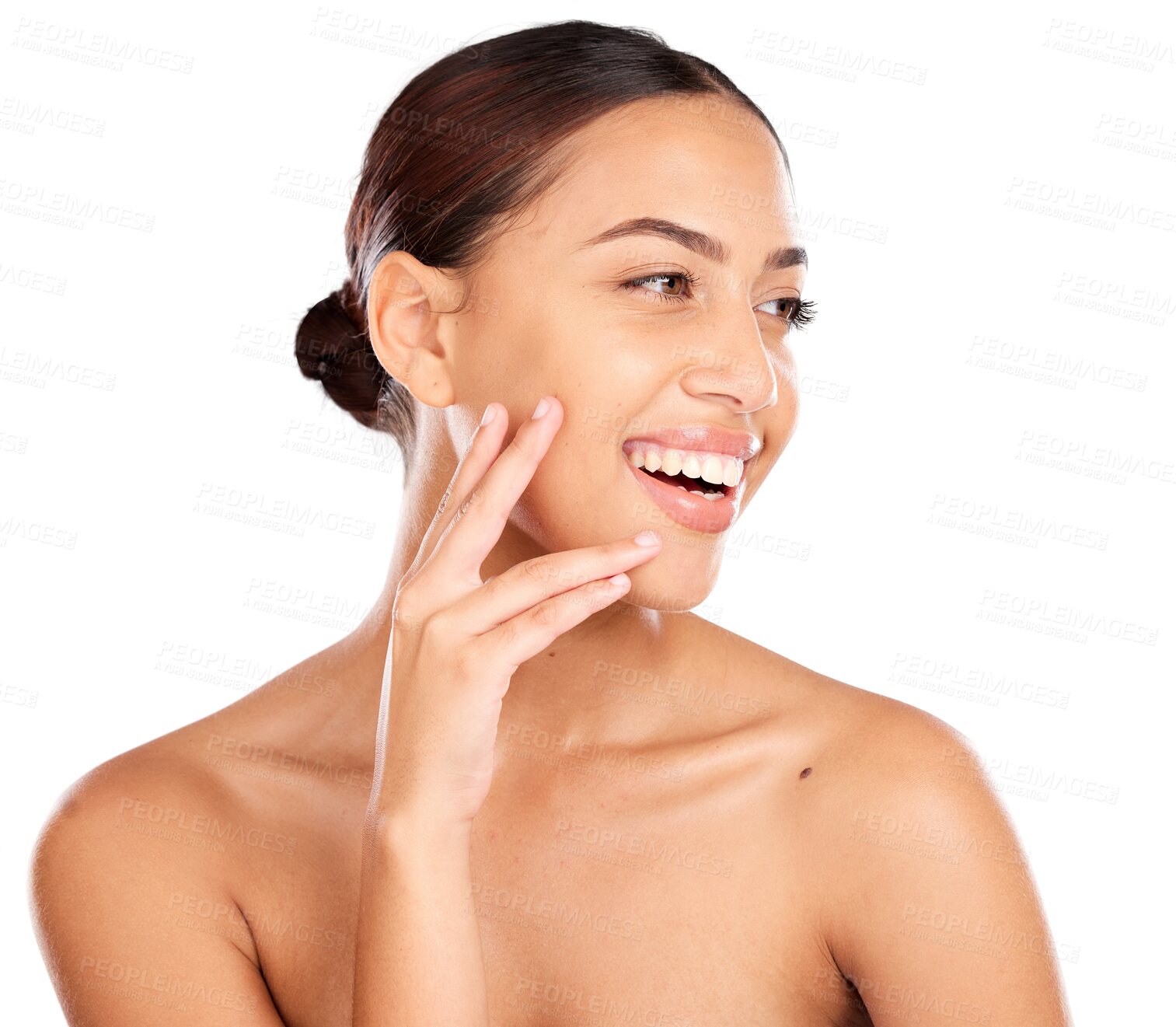 Buy stock photo Skincare, smile and young woman with natural, health and wellness facial routine for beauty. Cosmetic, happy and female model with dermatology treatment isolated by transparent png background.