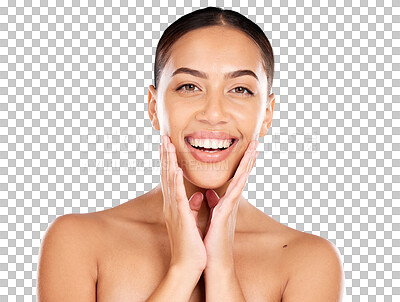 Buy stock photo Portrait of woman, skincare or beauty cosmetics in shine, wellness or healthy glow isolated on a transparent PNG background. Happy model touching face after facial laser, chemical peel or dermatology