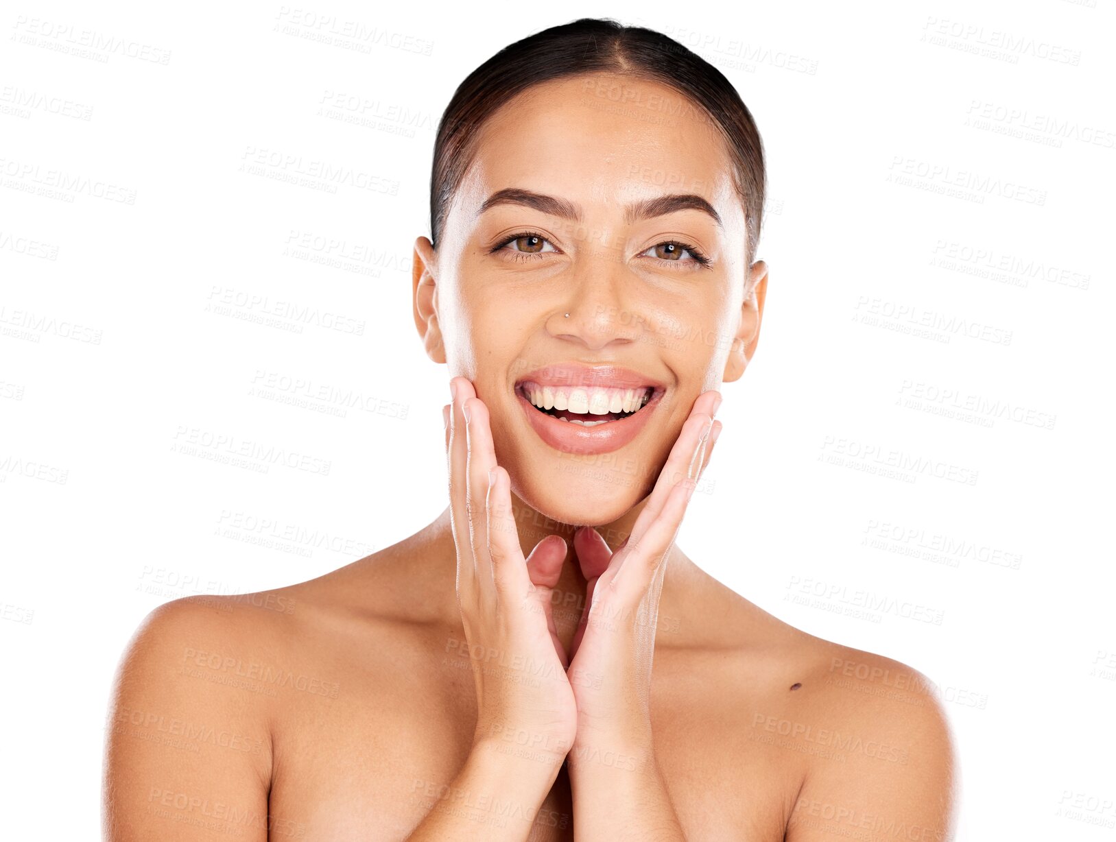 Buy stock photo Portrait of woman, skincare or beauty cosmetics in shine, wellness or healthy glow isolated on a transparent PNG background. Happy model touching face after facial laser, chemical peel or dermatology