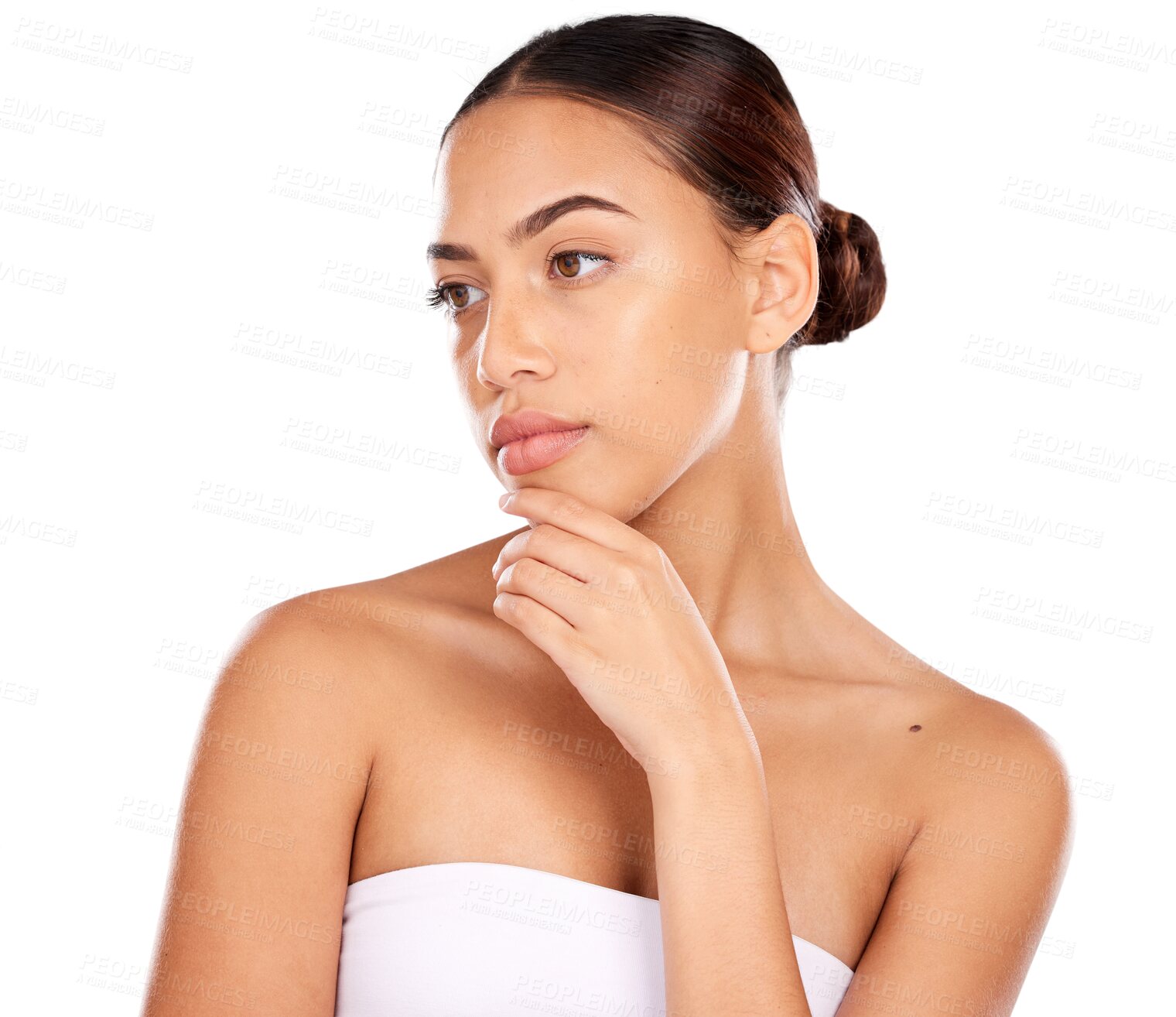 Buy stock photo Skincare, health and young woman with natural, cosmetic and wellness facial routine for beauty. Dermatology, glow and female model with facial treatment isolated by transparent png background.