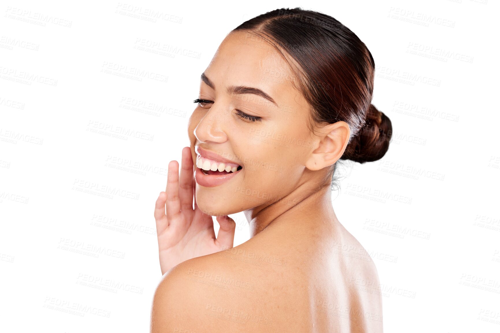 Buy stock photo Health, smile and woman with dermatology, skincare and grooming routine isolated on a transparent background. Face, person and model with treatment, shine and cosmetics with beauty, clean and png